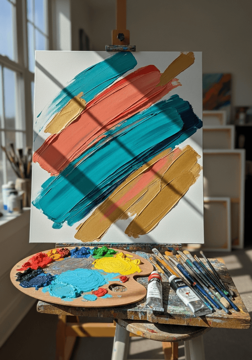 Oil painting in progress with bold brushstrokes