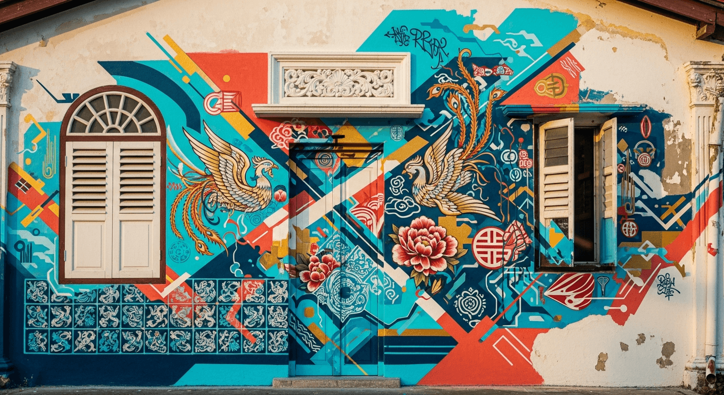 A vibrant mural on a heritage shophouse wall in Penang, featuring Peranakan tile patterns blending w